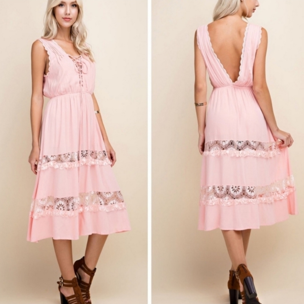 Gorgeous baby pink midi dress with lace cutouts